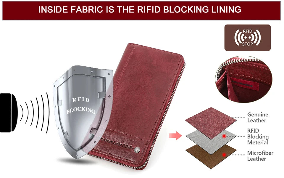 Contact's Women Wallets Genuine Leather Card Holder Female Purse Zipper Wallet For Women Fashion Clutch Bag Rfid Men Wallets