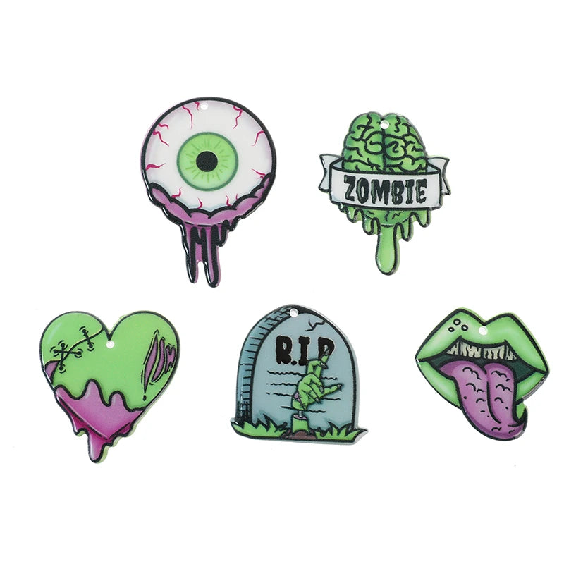 10 Pcs Halloween Charms Zombie Brain Heart Mouth Eyeball and Gravestone Acrylic Jewlery Findings For Jewelry Diy