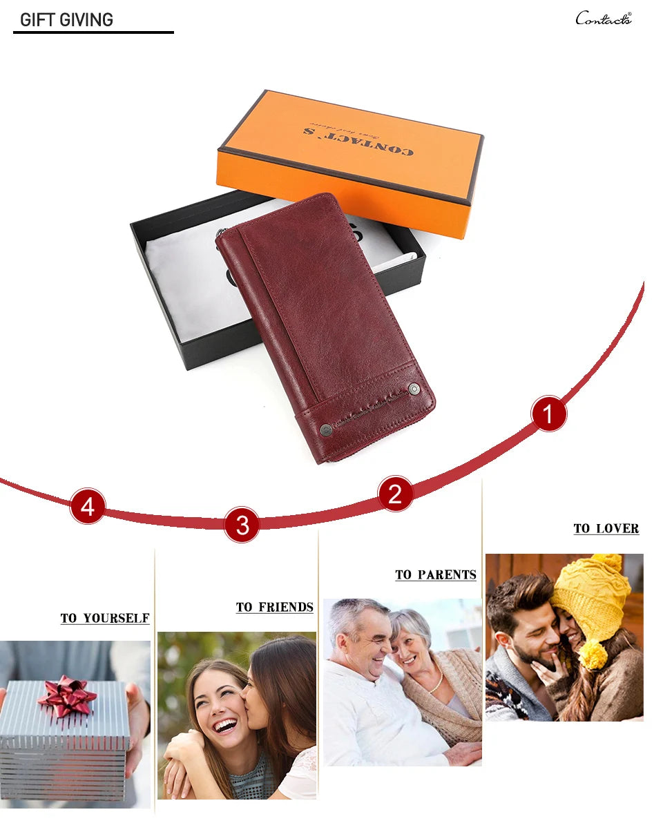 Contact's Women Wallets Genuine Leather Card Holder Female Purse Zipper Wallet For Women Fashion Clutch Bag Rfid Men Wallets