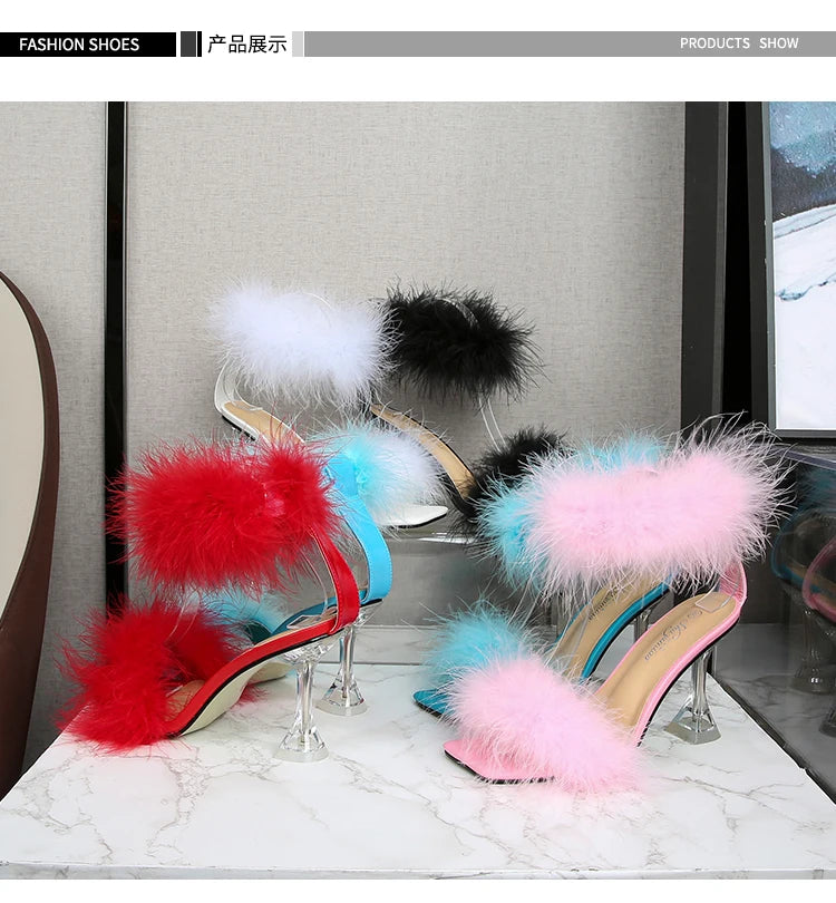 Feather Sandals Women Furry High Heels Ankle Plush Sandals Woman Transparent Heels With Fur Stripper Heeled Sandal Women Evening