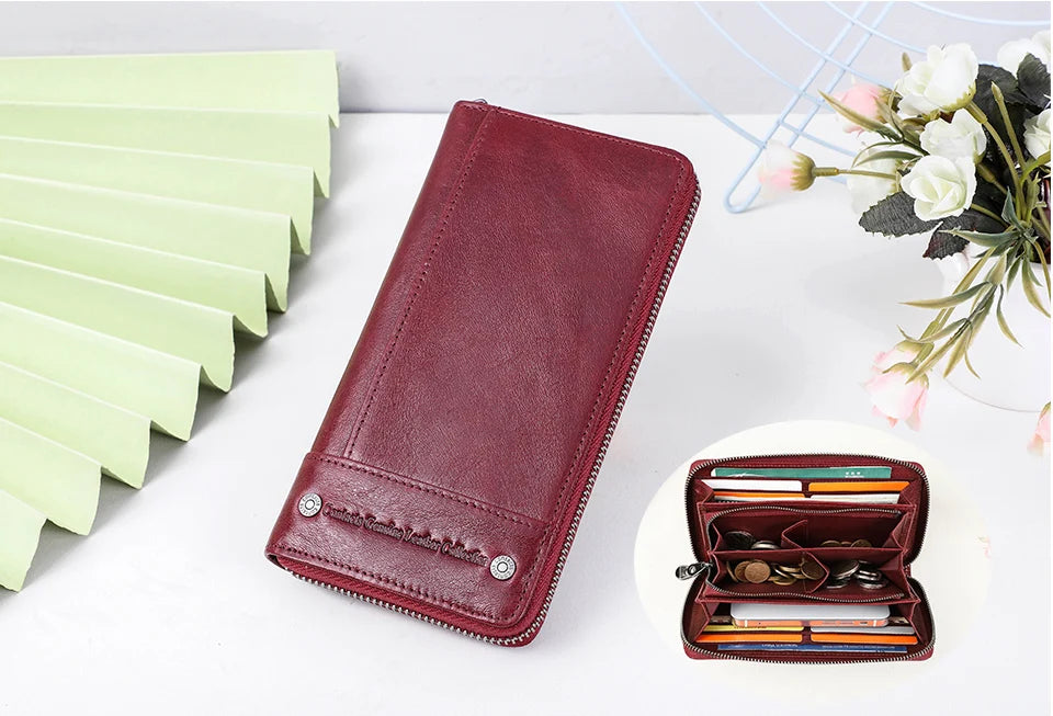 Contact's Women Wallets Genuine Leather Card Holder Female Purse Zipper Wallet For Women Fashion Clutch Bag Rfid Men Wallets