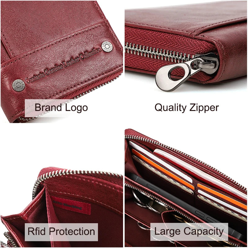 Contact's Women Wallets Genuine Leather Card Holder Female Purse Zipper Wallet For Women Fashion Clutch Bag Rfid Men Wallets