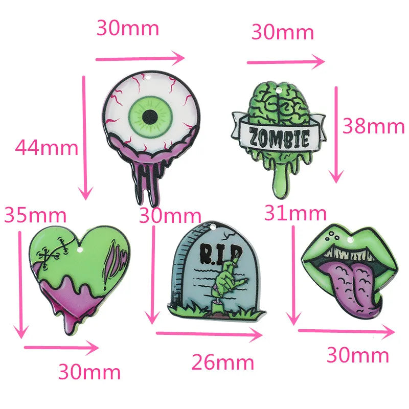10 Pcs Halloween Charms Zombie Brain Heart Mouth Eyeball and Gravestone Acrylic Jewlery Findings For Jewelry Diy