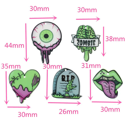 10 Pcs Halloween Charms Zombie Brain Heart Mouth Eyeball and Gravestone Acrylic Jewlery Findings For Jewelry Diy