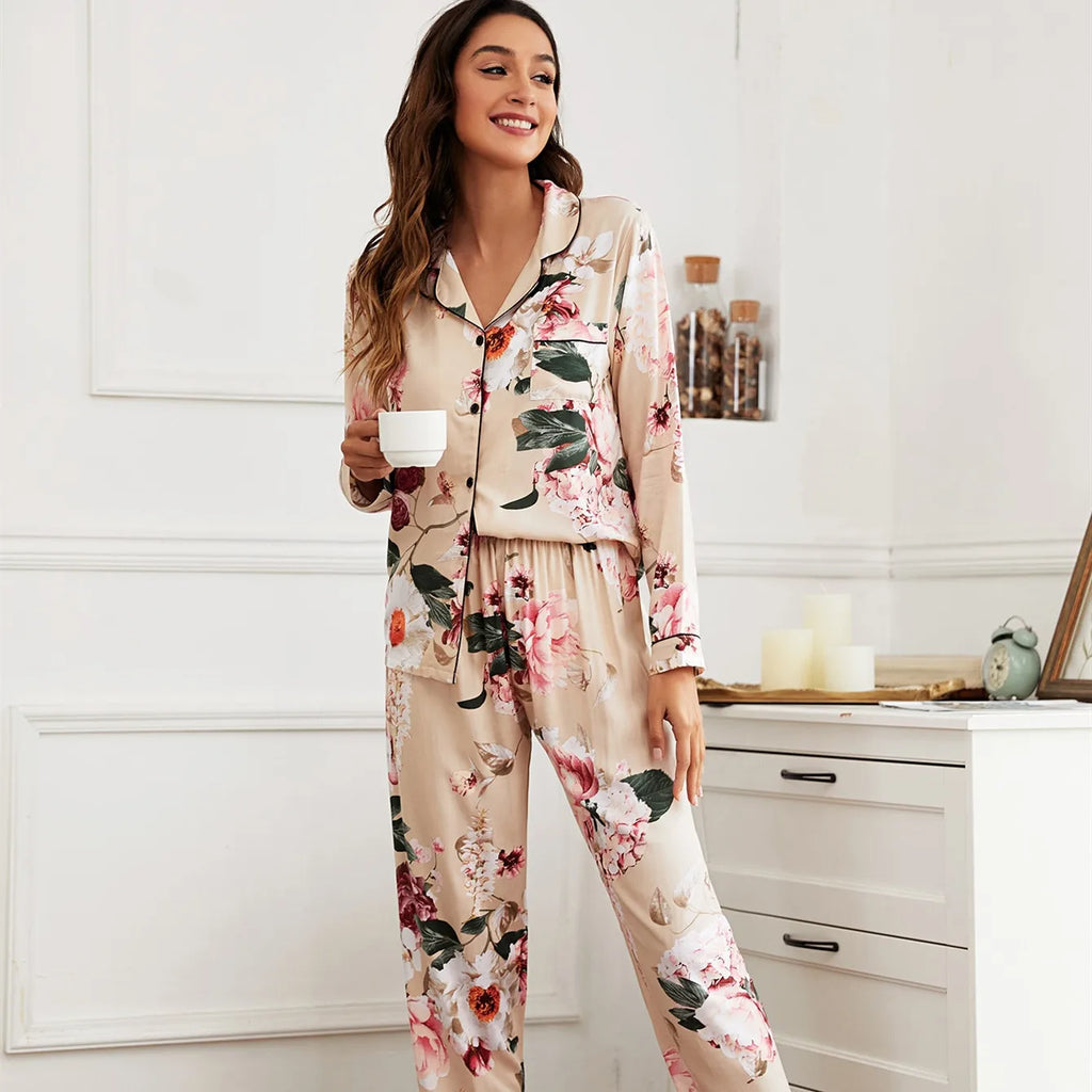 Starry Sky And Floral Printed Women Pajamas Set Comfort Viscose Full Sleeve Homewear Ladies Tender Casual Wear For Spring