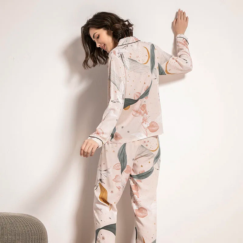 Starry Sky And Floral Printed Women Pajamas Set Comfort Viscose Full Sleeve Homewear Ladies Tender Casual Wear For Spring