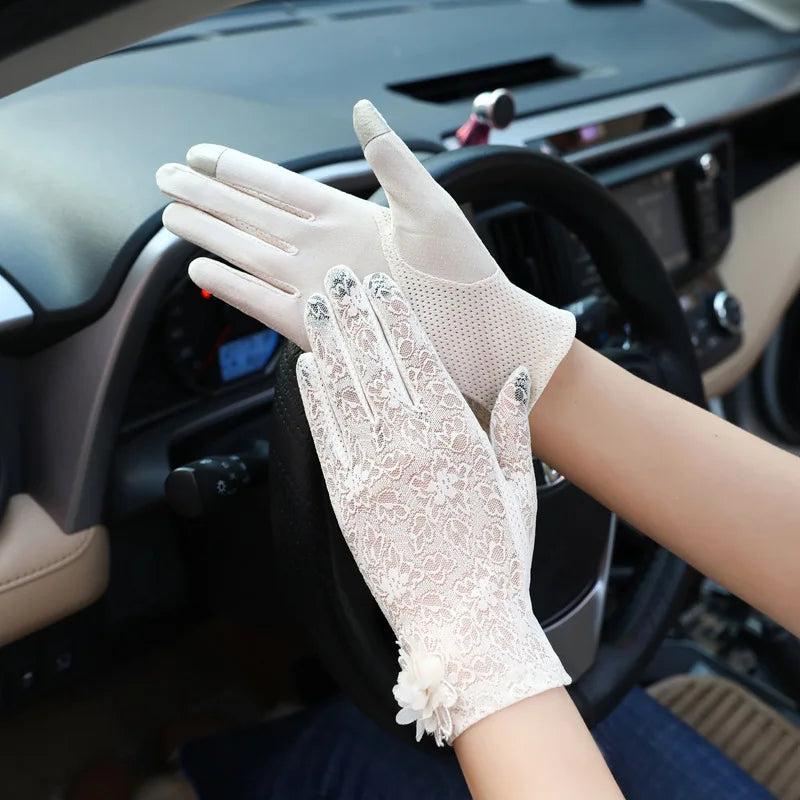 Women Summer Sexy Lace Big Flower Thin Mesh Breathable Sunscreen Touch Screen Non-Slip Drive Cycling Anti-UV Elegant Gloves