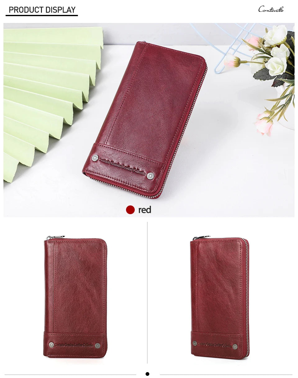Contact's Women Wallets Genuine Leather Card Holder Female Purse Zipper Wallet For Women Fashion Clutch Bag Rfid Men Wallets