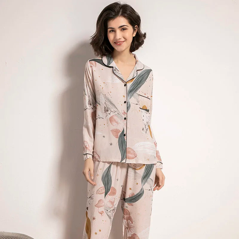 Starry Sky And Floral Printed Women Pajamas Set Comfort Viscose Full Sleeve Homewear Ladies Tender Casual Wear For Spring