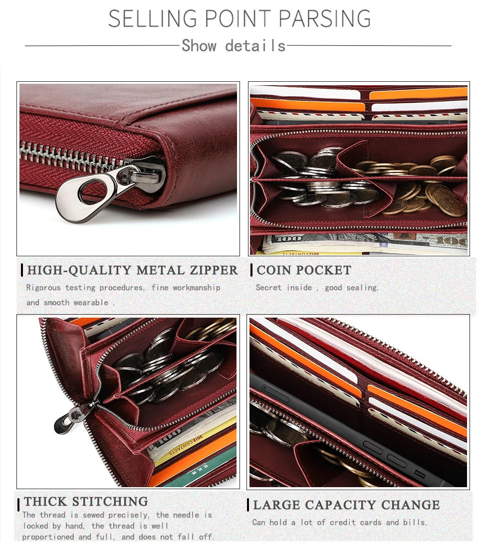 Contact's Women Wallets Genuine Leather Card Holder Female Purse Zipper Wallet For Women Fashion Clutch Bag Rfid Men Wallets