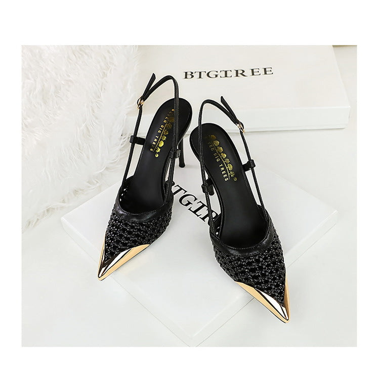Fashion hollow Weaving Women Pumps Metal pointed tip High Heels Stiletto 9.5 cm buckle Summer Women's high-heeled sandals Shoes