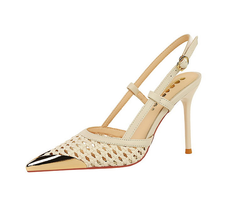 Fashion hollow Weaving Women Pumps Metal pointed tip High Heels Stiletto 9.5 cm buckle Summer Women's high-heeled sandals Shoes
