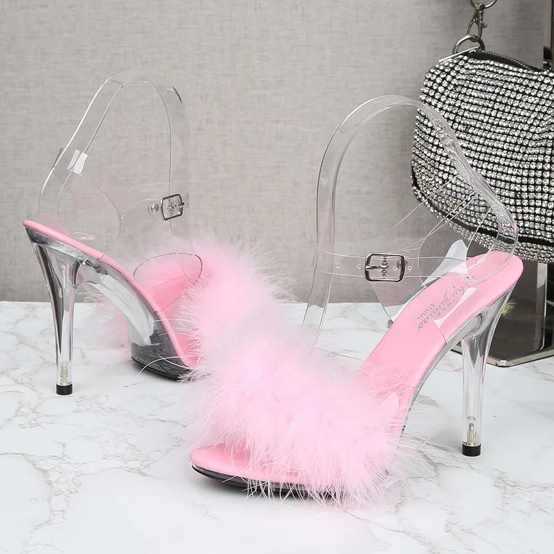 Feather Sandals Women Furry High Heels Ankle Plush Sandals Woman Transparent Heels With Fur Stripper Heeled Sandal Women Evening