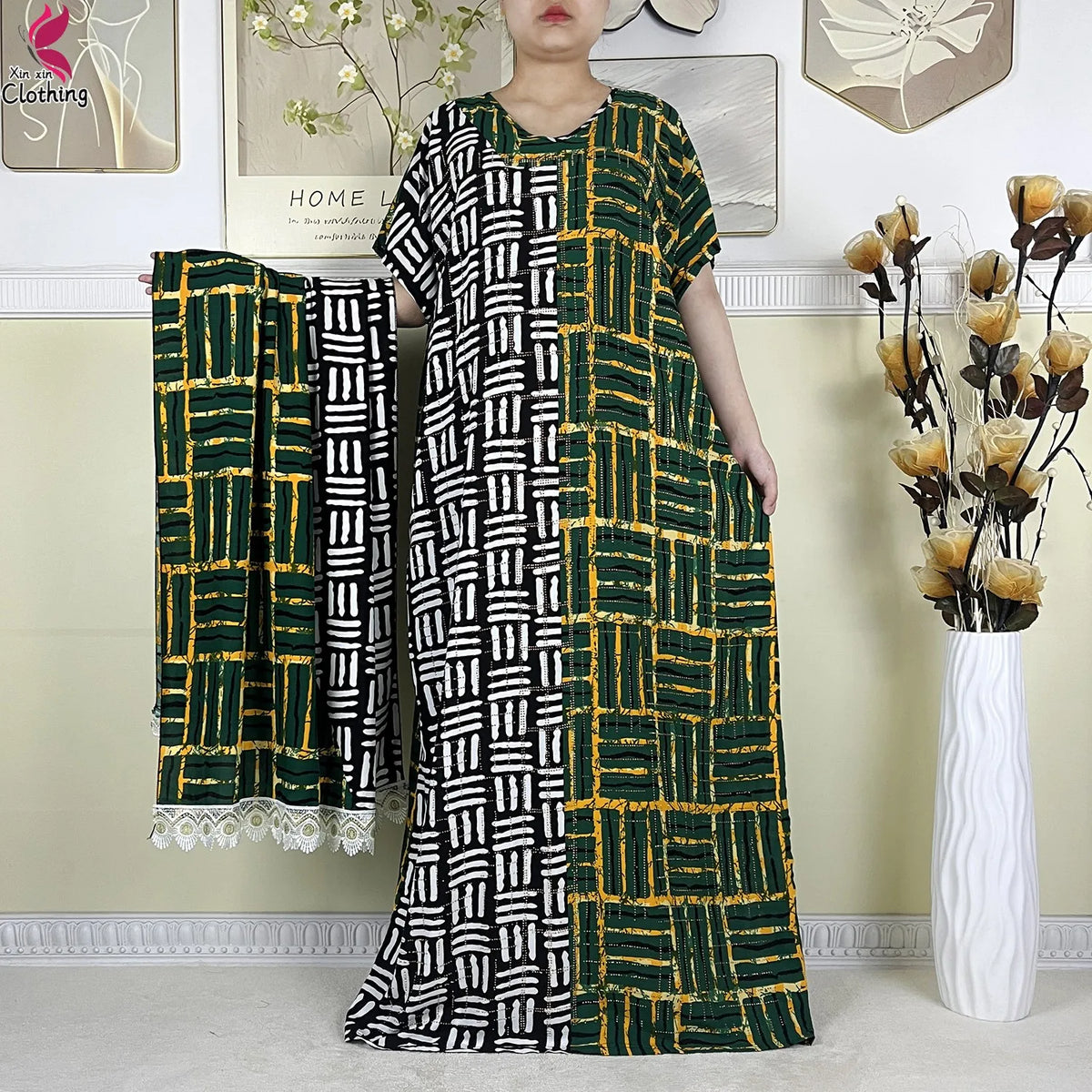 2025 New Summer Abaya Short Sleeve Dress With Big Scarf Printing Floral Loose Dress Islam Kaftan Women African Abaya Clothing