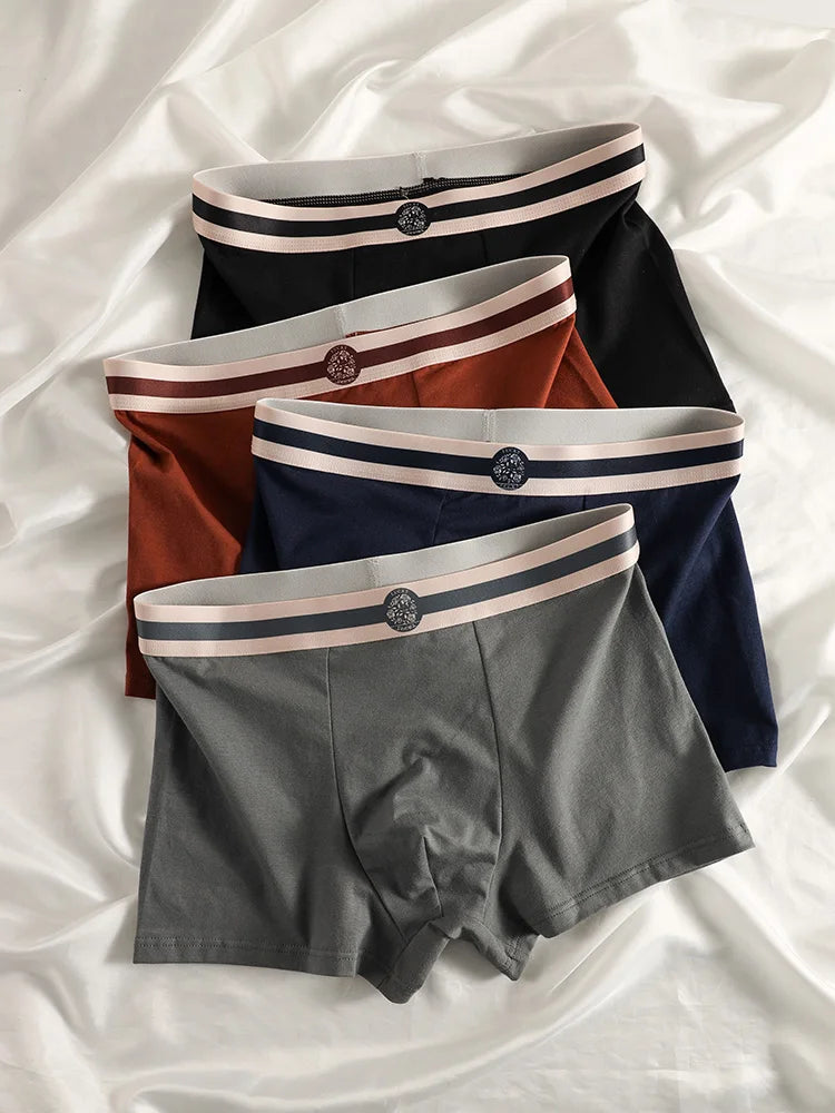 4-Piece Men's Cotton Boxer Briefs Set - Striped Logo Waistband Multi-Color Underwear