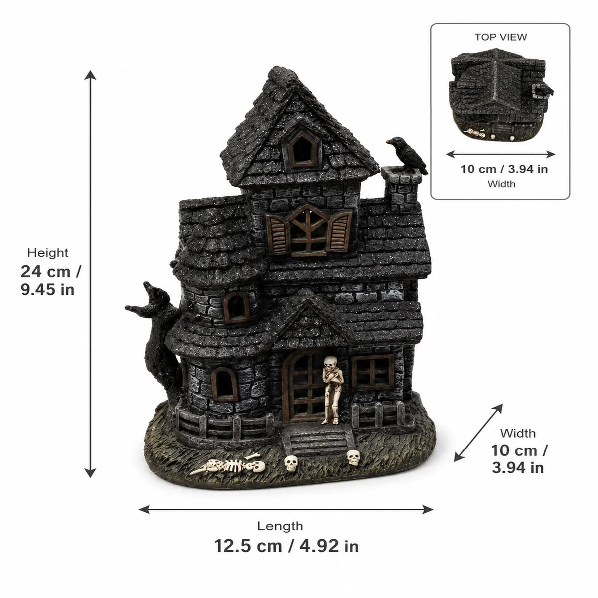 Halloween Lighted Haunted House Resin Figurine with Skeleton & Crow, Spooky Tabletop Ornament for Home Party Decoration