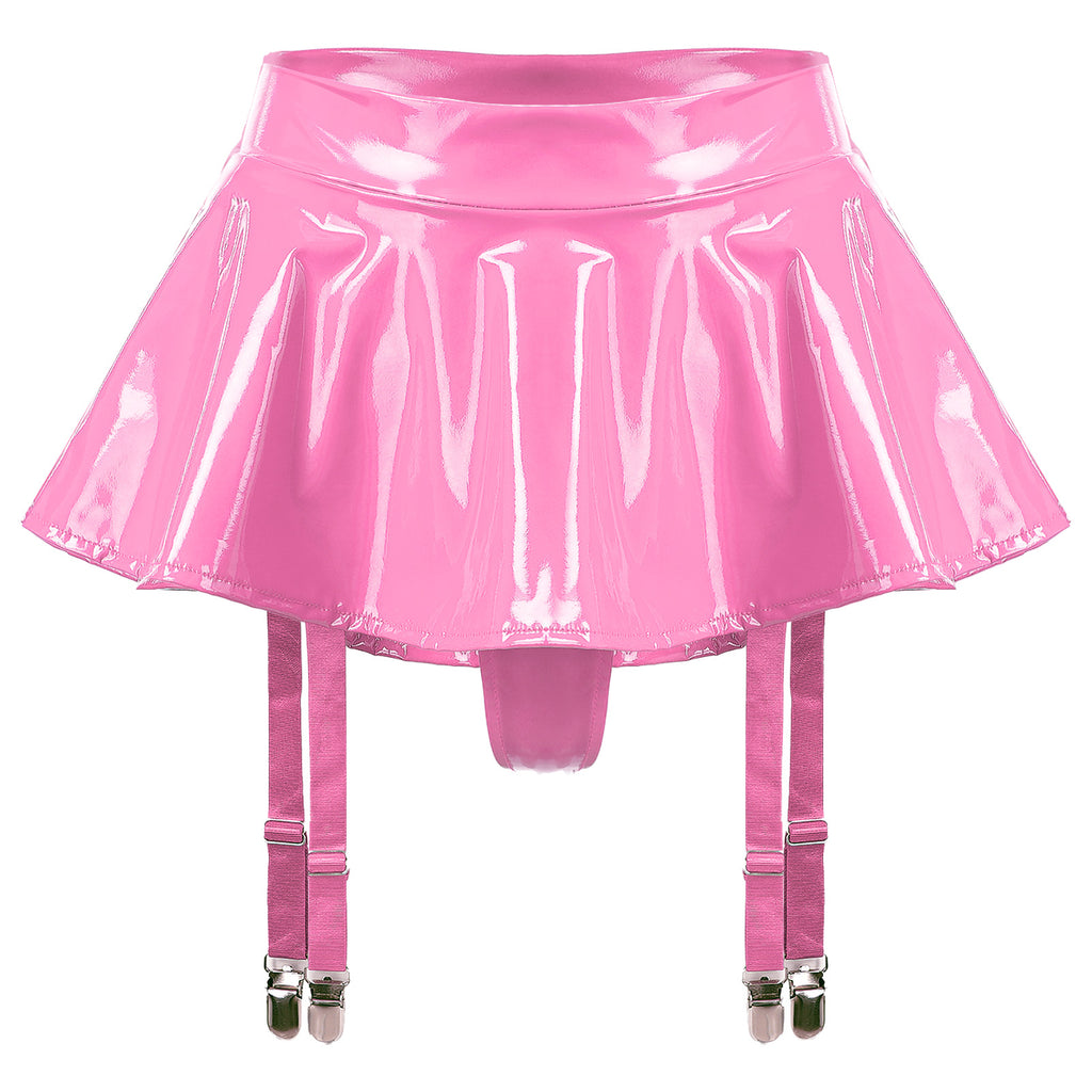 Sexy Women Wetlook PVC Leather Ruffled Skirts Party Low Waist Built-in Thongs Mini Skirt with Garter Belts Metal Clips Set Club