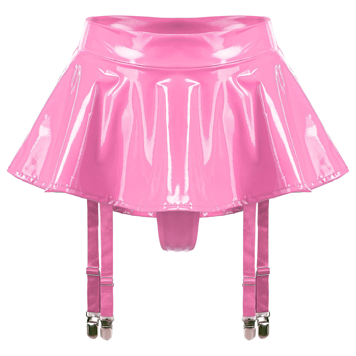 Sexy Women Wetlook PVC Leather Ruffled Skirts Party Low Waist Built-in Thongs Mini Skirt with Garter Belts Metal Clips Set Club