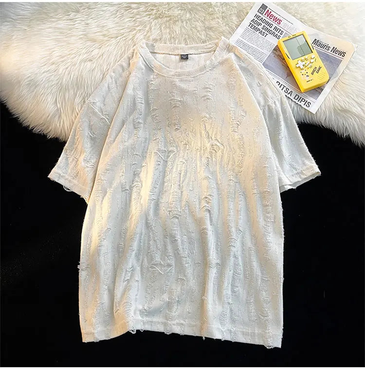 Ripped T-shirts Men Hole Y2k Tops Streetwear Summer O-neck Clothing Hip Hop Fashion Teens American Retro Vintage Футболки Baggy