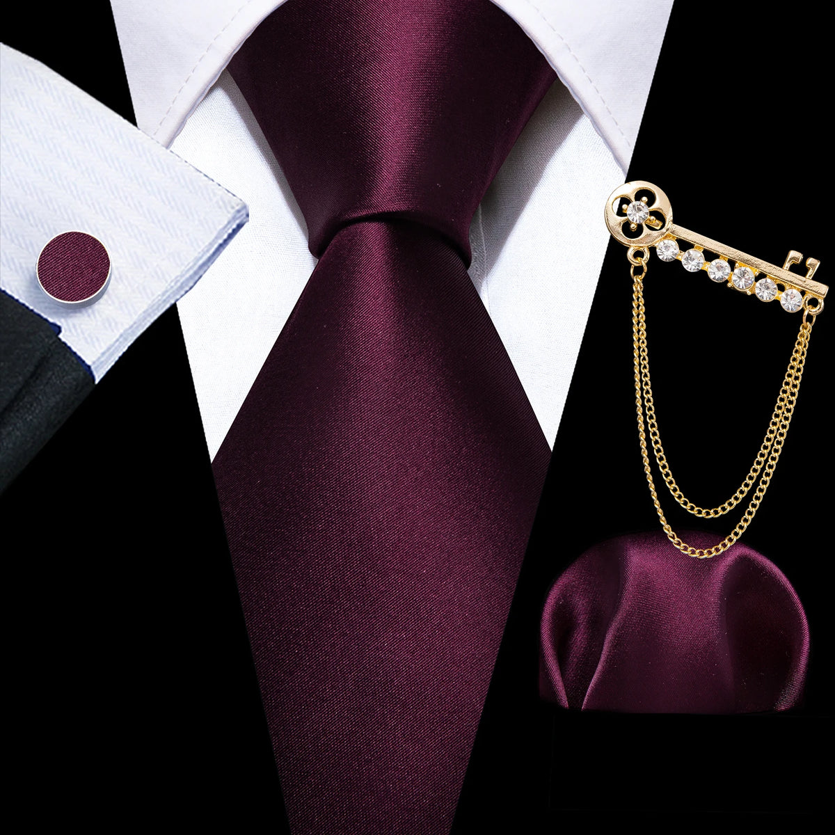 Burgundy Mens Tie Hanky Cufflinks Brooch Set Jacquard Red Wine Maroon Necktie Collar Pin For Male Wedding Events