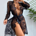 Lace See Through Robe Fashion Nightgowns Erotic Lingerie For Women Sexy Long-Sleeve Fun Cardigan Sleepwear нижнее белье женское