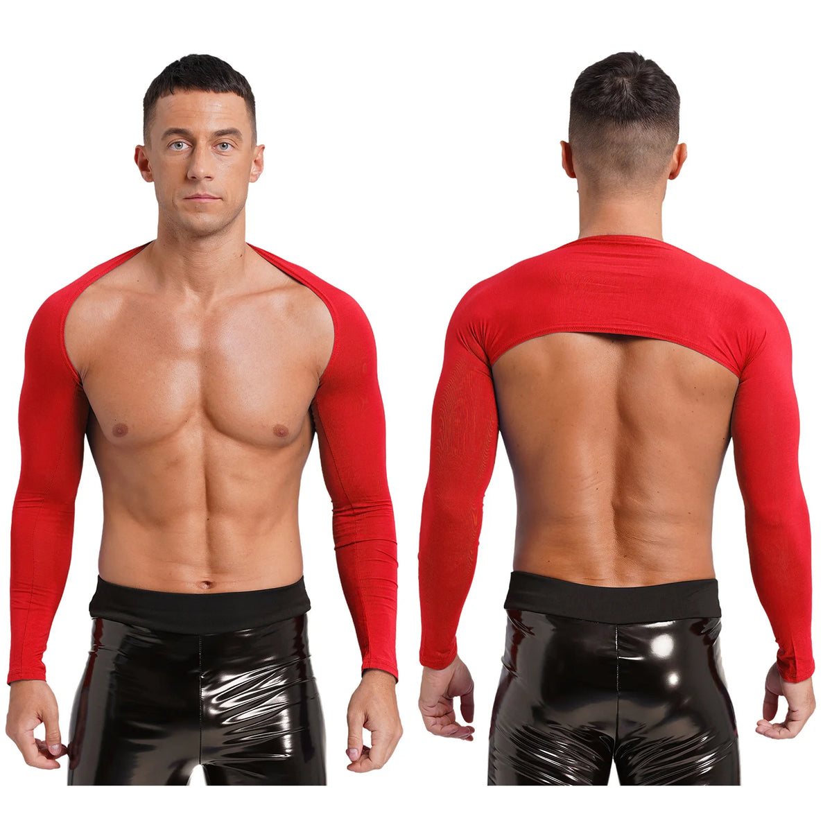 Men Open Front Half Crop Top Solid Long Sleeve Cardigan Bolero Shrug Tops Muscle Arm Sleeves Workout Sports Gym Tops Clubwear