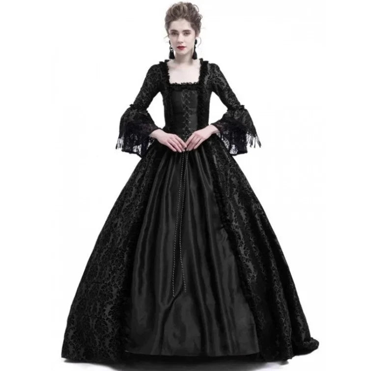 Medieval Victorian Court Lace Patchwork Gothic Dress Halloween Witch Cosplay Party Costume Square Neck Flare Sleeve Maxi