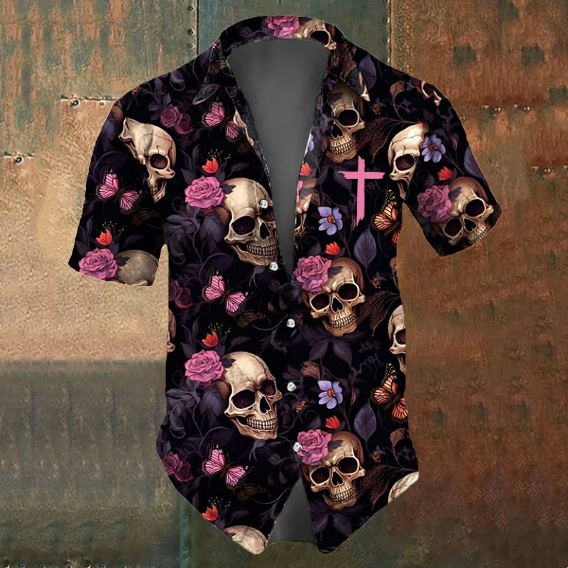 Cool Skull Graphic Beach Shirt For Men Flower Cross Butterfly 3D Print Hawaiian Shirts Summer Vacation Loose Short Sleeve Blouse