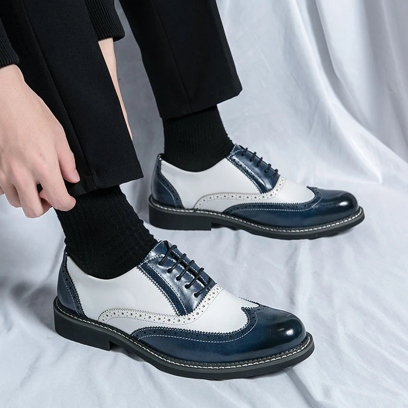 British Men's Trendy Shoes Handmade Sole Brogue Shoes Fashionable Blue Men's Leather Casual Shoes Versatile Free Delivery