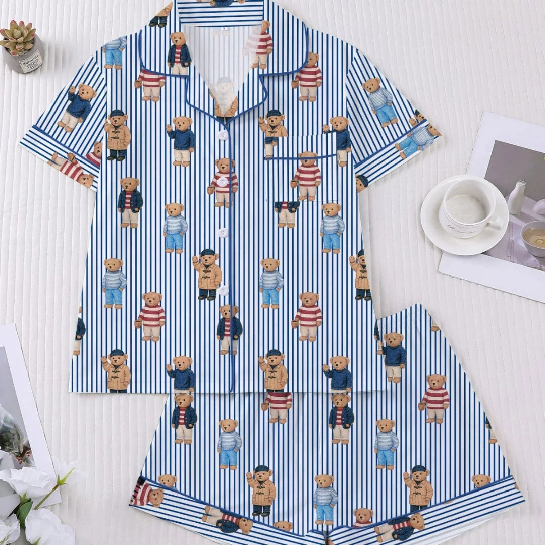 Women's Pajama with Bear Polka Point Stripes Print Blue Lapel Short Sleeve Short Pants Trousers Loungewear Home Wear Set Clothes