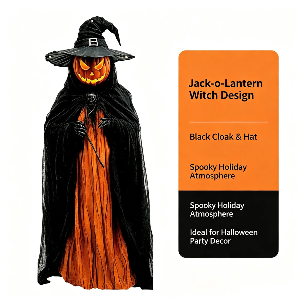 Halloween Pumpkin Head Witch Cloak Decor, Jack-o'-Lantern Witch Statue with Black Hat and Cape, Spooky Holiday Ornament for Home