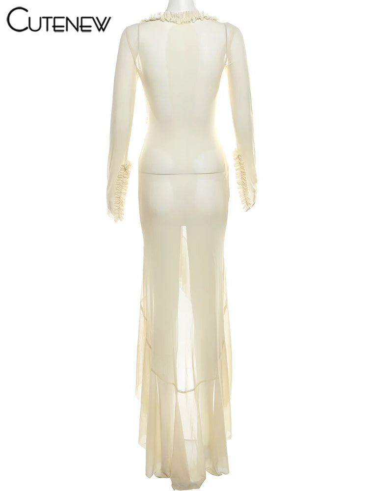 Cutenew Mesh Concise Dress Women Classic Holiday Style Long Sleeve Cut out Shirring Asymmetrical Robe Female Elegant Attirewear