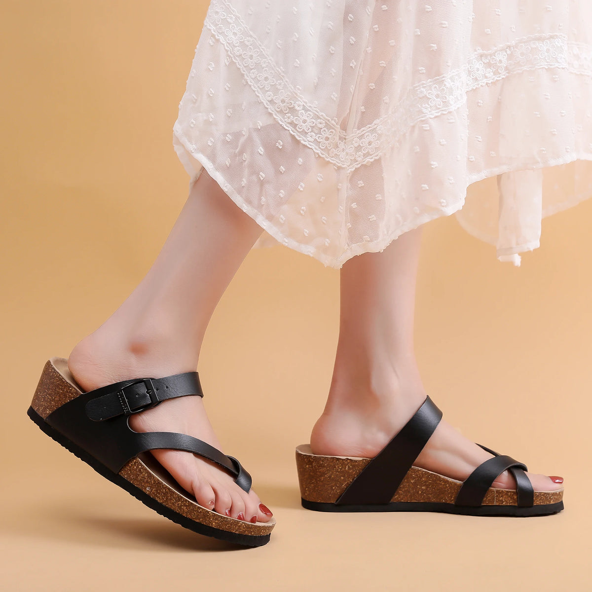 Casual Soft Cork Wedge High Heels Slippers Women Summer Beach Slide Sandals Flip Flop Cross Girl Couple House Outside Shoes