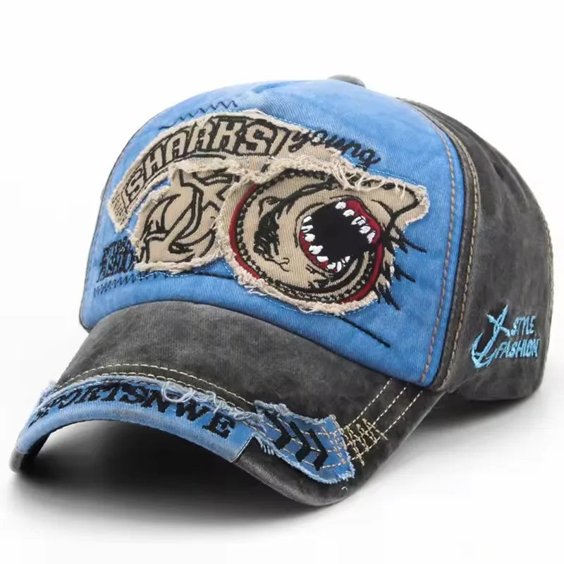 Four Seasons Washed Vintage Distressed Curvy Brimmer Cap Men's Women's Fashion Patch Shark Embroidery Sun Cap Adjustable