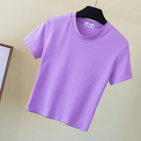 2023 Summer Crop Tops Women T-Shirt Casual Turtleneck Tee Shirt Woman Solid Cotton T Shirt Short Sleeve Top Tees Slim T-shirt