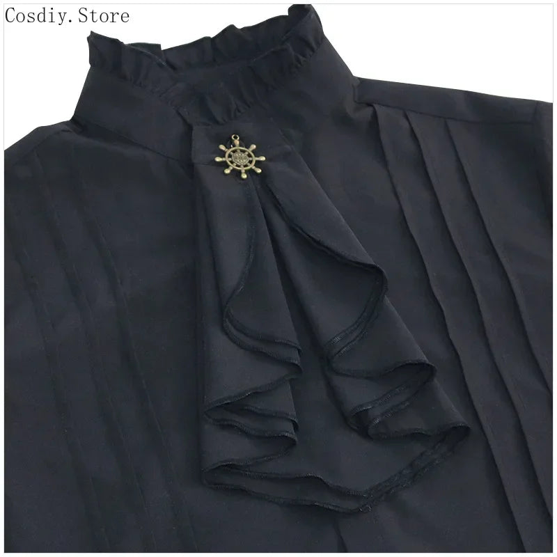 Gothic Punk Shirt Victoria Lace Ruffle Blouse Men's Jabot Tie Tops Long Sleeves Halloween Costume Vintage Tops High Neck Collar