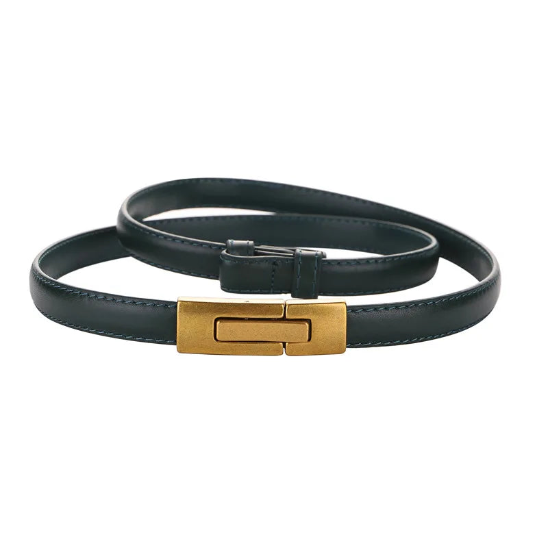 Women Skinny Genuine Leather Slim Belt Adjustable Alloy Buckle Waist Belt for Dress