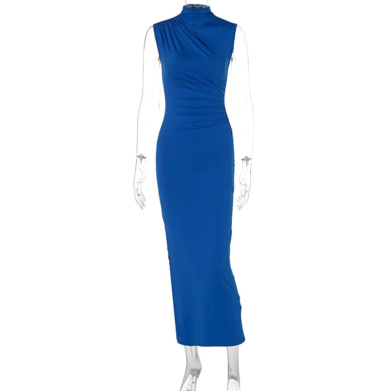 YUZHEXI elegant sleeveless ruched midi dress women commuter bodycon solid color robe black red pink split clothes summer