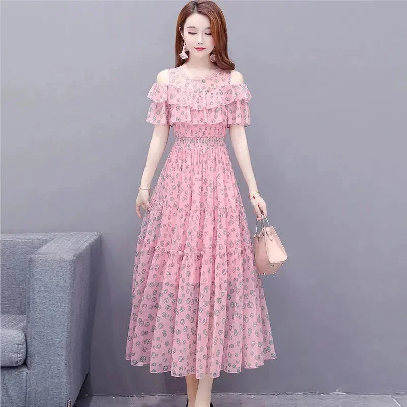 Mesh Chiffon Floral Print Dress Women 2024 New Summer Bohemian Beach Dress Long Off Shoulder Sexy Lady Party Dresses Vestidos