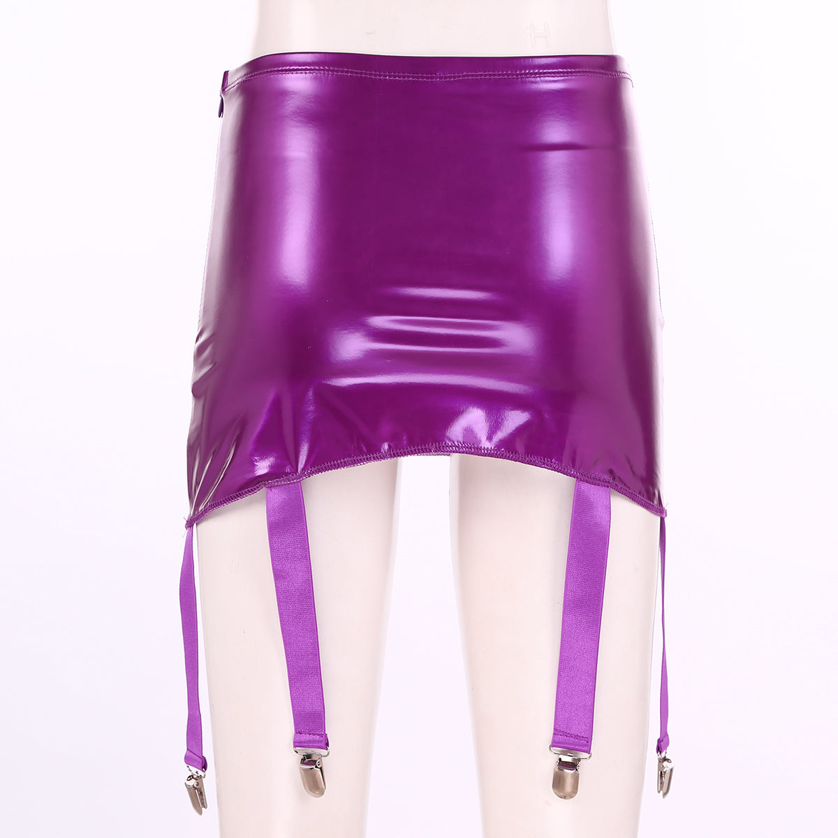 Sexy Women Wetlook PVC Leather Ruffled Skirts Party Low Waist Built-in Thongs Mini Skirt with Garter Belts Metal Clips Set Club