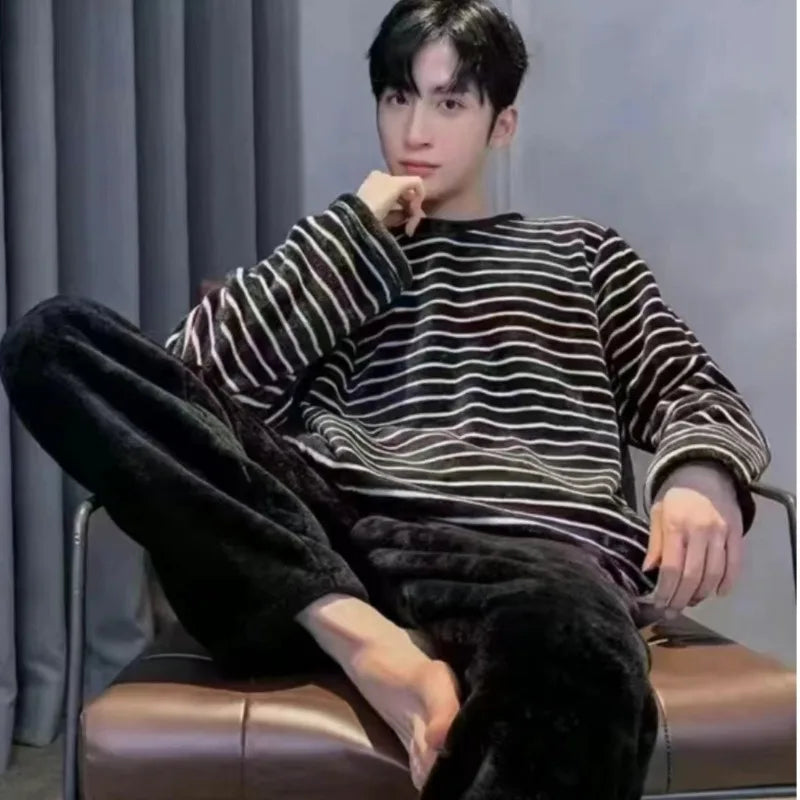 Winter Flannel Pajamas Set Men Korean Teen Students Striped Sleepwear Coral Fleece Pullover Trousers Pjs Set Homewear Loungewear