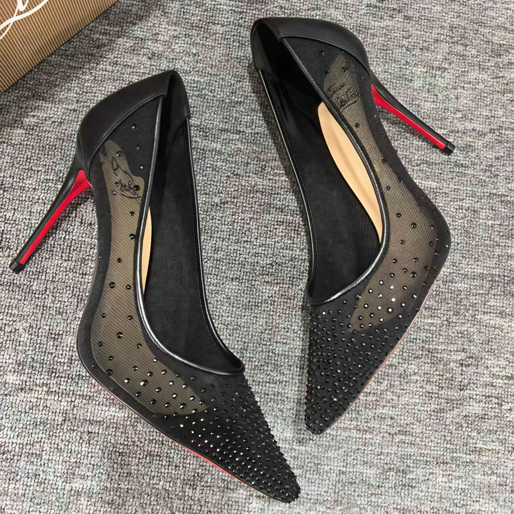 Round Dots Black Mesh Lace Women’s Pumps Pointed Toe Red Sole Single Shoes Female 8 10 12cm High Heels 35-42 size Zapatos Para