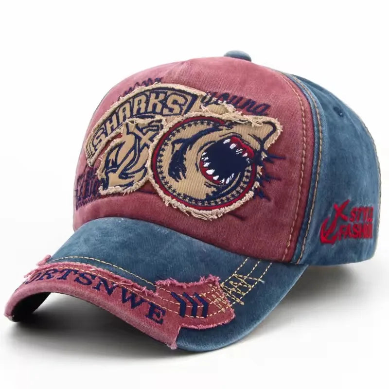 Four Seasons Washed Vintage Distressed Curvy Brimmer Cap Men's Women's Fashion Patch Shark Embroidery Sun Cap Adjustable