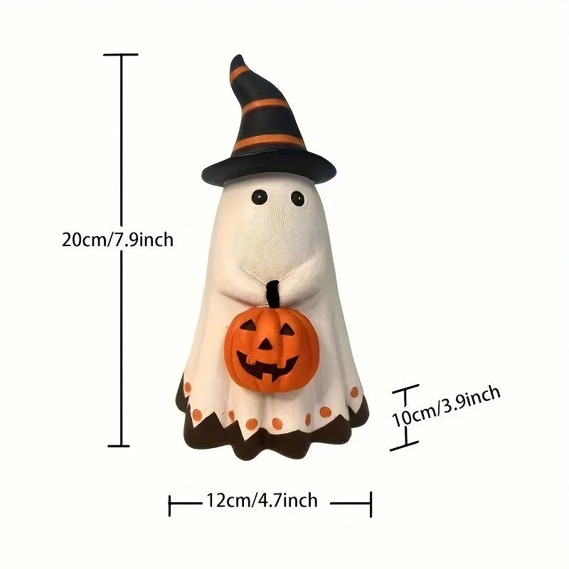 Halloween Ghost Figurine with Witch Hat Holding Pumpkin Lantern Statue Home Tabletop Ornament Spooky Party Decor Indoor Ornament