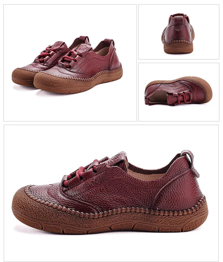 New real leather handmade shoes for women all season oxfords flats woman laced up moccasins cozy mom boat shoes round toe flats