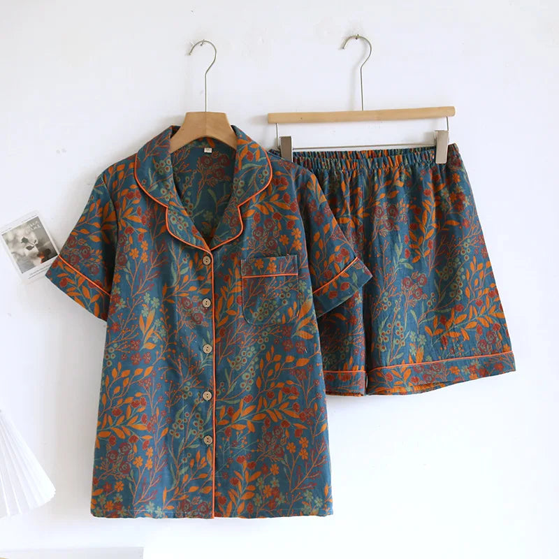 Women's Short Sleeved Shorts Newest Cotton Jacquard Yarn Woven Floral Printed Cardigan Summer Home Pijama Clothes