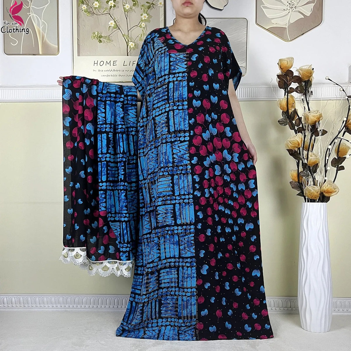 2025 New Summer Abaya Short Sleeve Dress With Big Scarf Printing Floral Loose Dress Islam Kaftan Women African Abaya Clothing