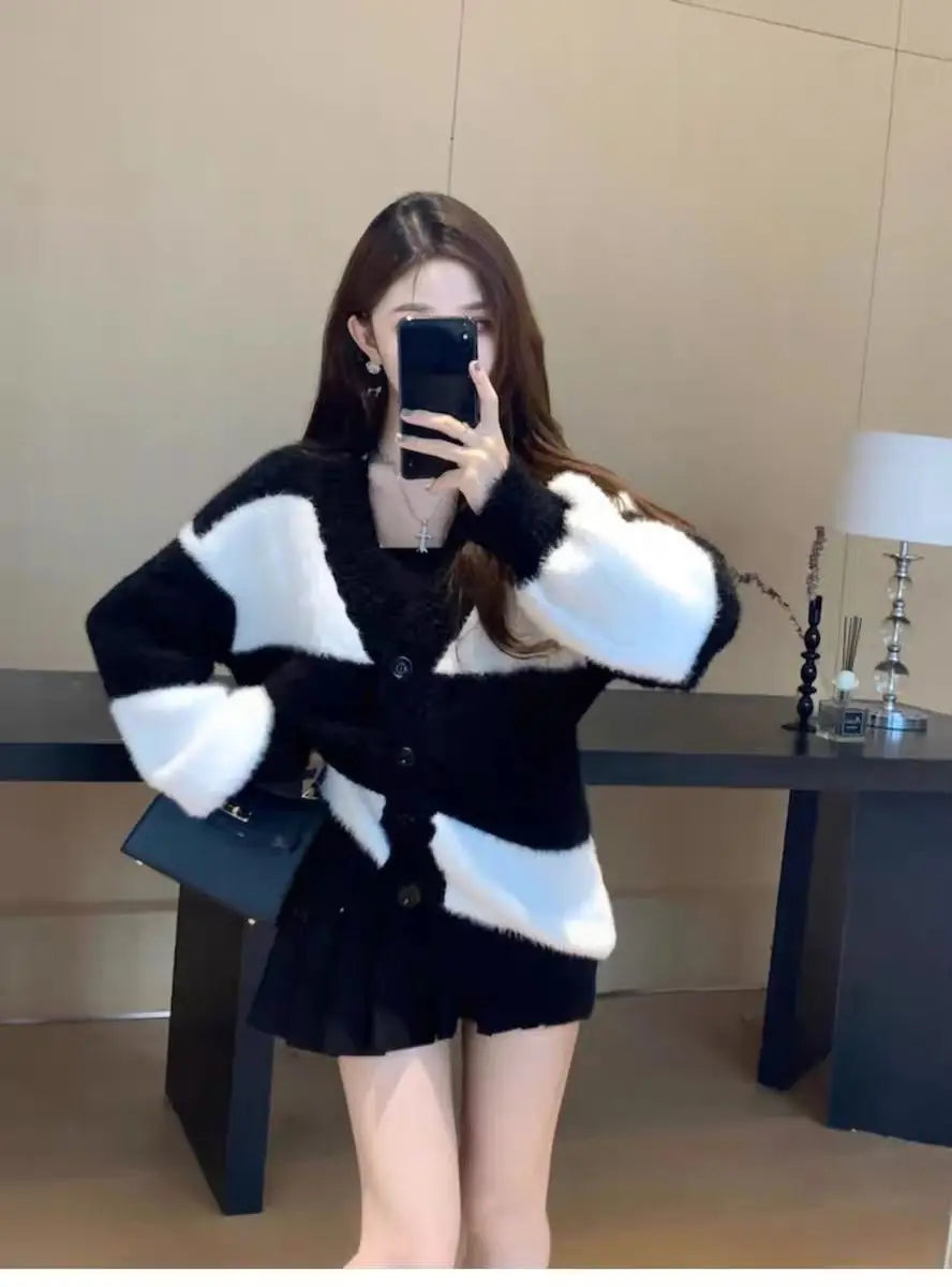 Women Mink Fur Knitted Cardigans Sweaters Autumn Winter Loose Sweet Fashion Stripe Lantern Sleeve Thicken Contrast Color Coats