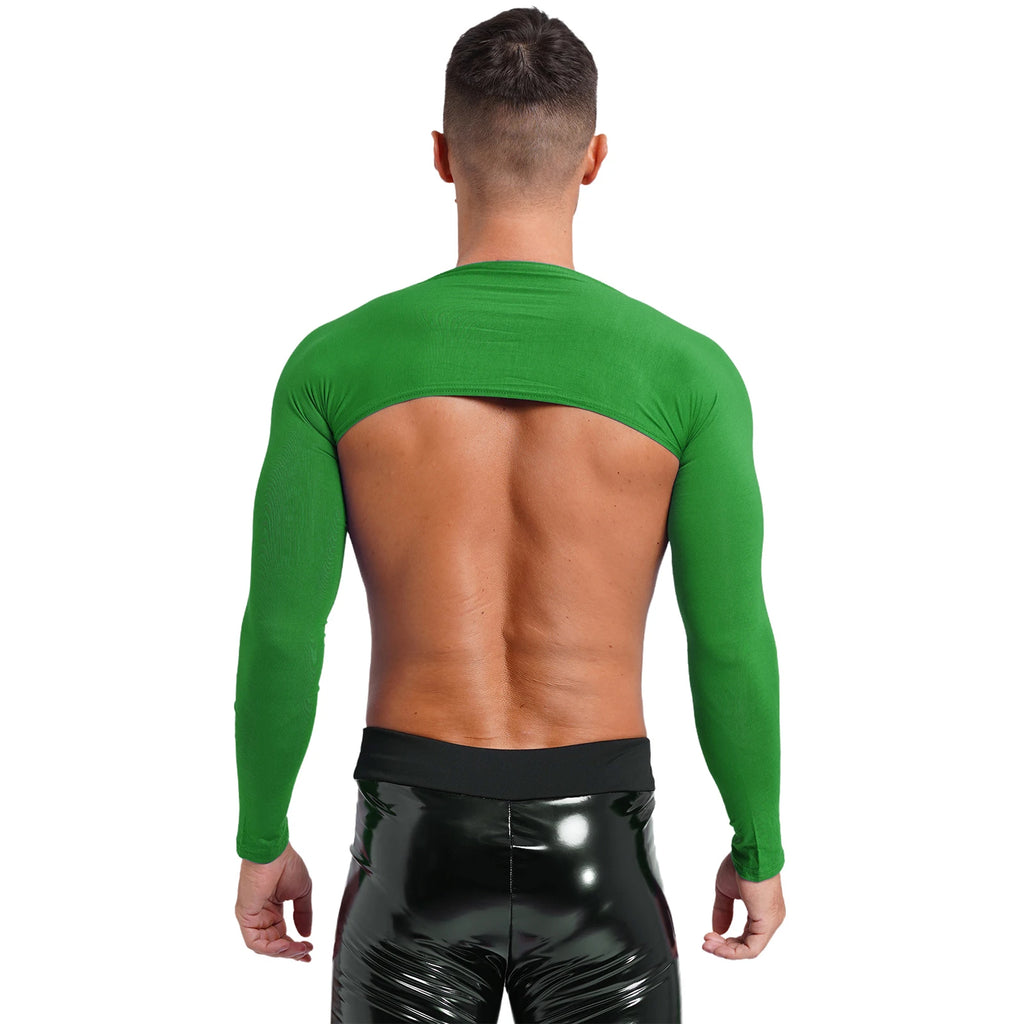 Men Open Front Half Crop Top Solid Long Sleeve Cardigan Bolero Shrug Tops Muscle Arm Sleeves Workout Sports Gym Tops Clubwear