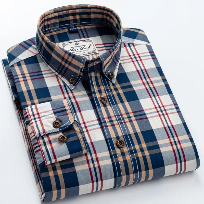 New Men's Pure Cotton Plaid Long Sleeve Shirt Spring Whole Cotton Casual Shirt Korean Style Slims Smooths Your Silhouette No Iro